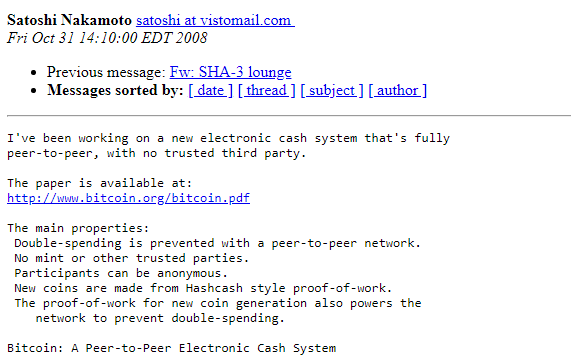 Anunțul din 31 octombrie 2008 legat de documentul Bitcoin: A Peer-to-Peer Electronic Cash System